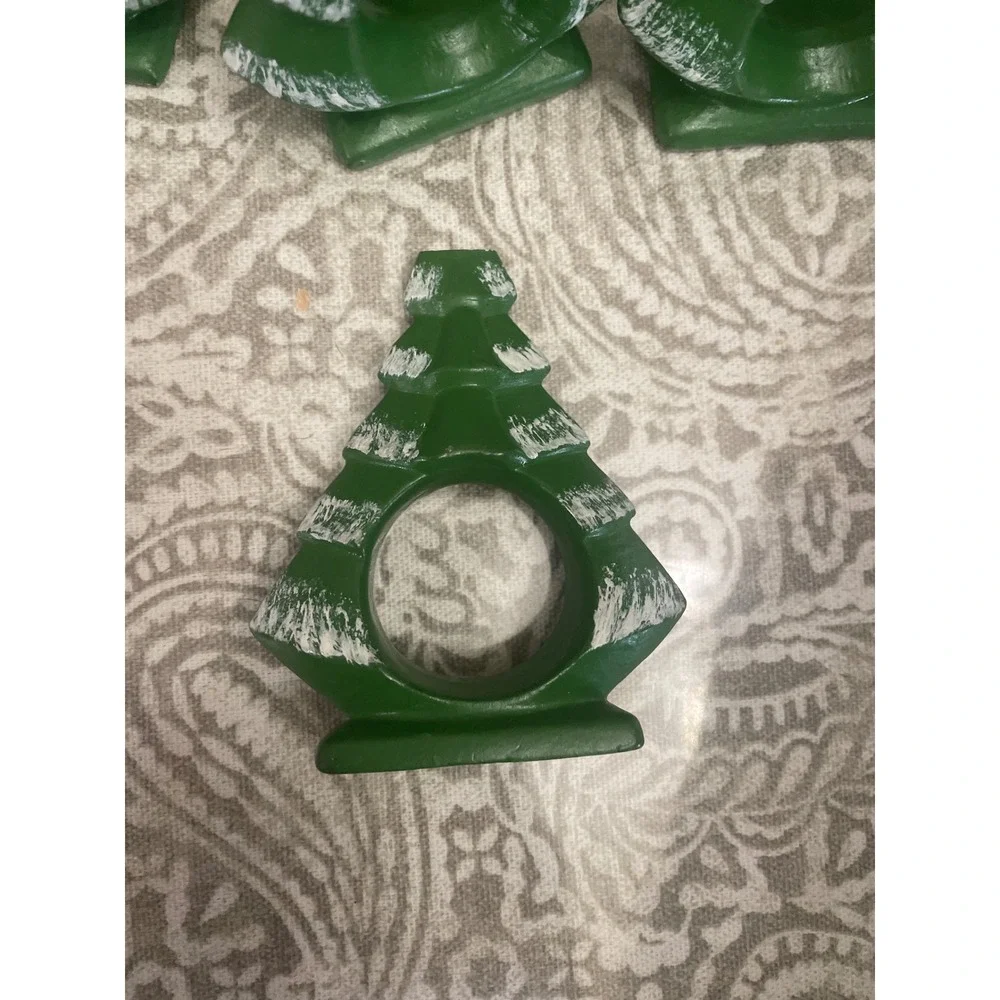 Set of 7 Christmas Tree Napkin Rings Green Ceramic Snow Star Holiday Table Decor
